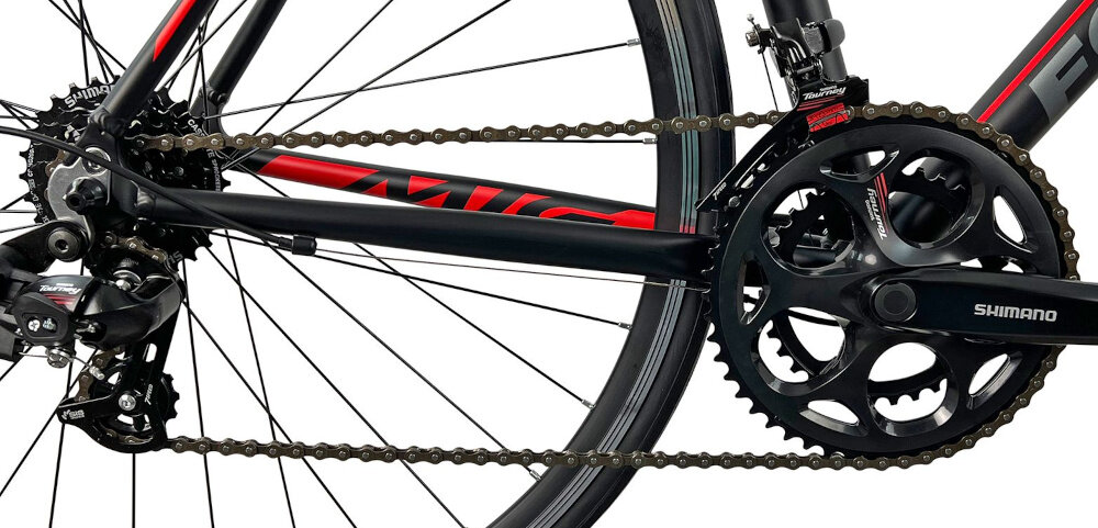 Rower szosowy FONDRIEST 110 Corsa MIG 1.O U20 28 cali Czarno-czerwony lekka wydajna konstrukcja korby SHIMANO Tourney FC-A070 50X34T 170 mm wklad suportu Chin Haur typu CH-52/68/103MM wytrzyma bardzo duzy nacisk na pedaly