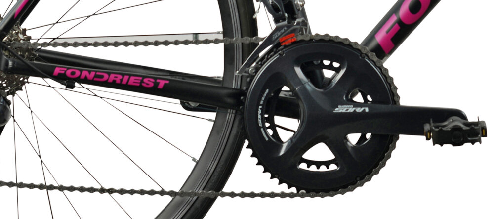 Rower szosowy FONDRIEST Eagle 1.0 D22 28 cali Czarno-różowo-seledynowy lekka wydajna konstrukcja korby SHIMANO Sora FC-R3000 50x34T wklad suportu SHIMANO Sora BB-RS500 wytrzyma bardzo duzy nacisk na pedaly