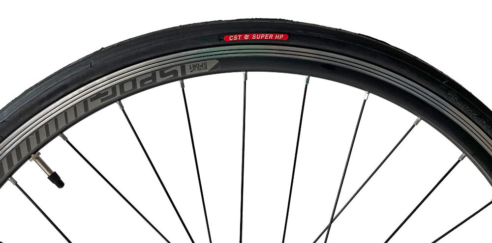 Rower szosowy FONDRIEST 110 Corsa MIG 1.O U21 28 cali Czarno-czerwony kola w rozmiarze 28 cali gladkie opony marki CST dwusciankowe obrecze na drogach asfaltowych do wyczynowego kolarstwa szybkiego regularne sprawdzanie ciśnienia powietrza wartość na bocznej części opony