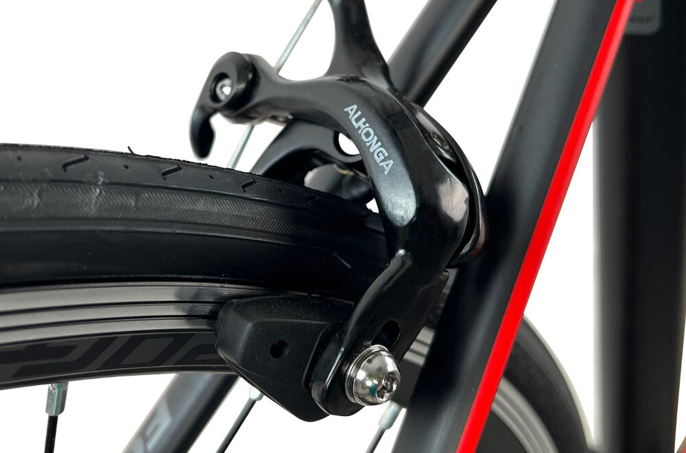 Rower szosowy FONDRIEST 110 Corsa MIG 1.O U21 28 cali Czarno-czerwony hamulce typu U-Brake lekkie duza sila hamowania z przodu z tylu podwojny pakiet bezpieczenstwa