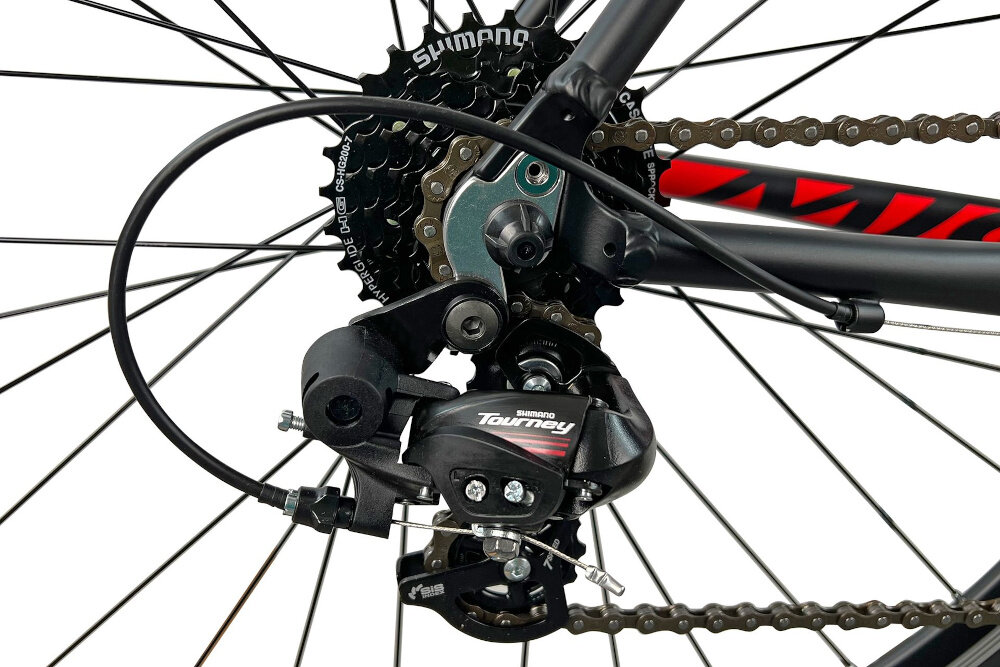 Rower szosowy FONDRIEST 110 Corsa MIG 1.O U21 28 cali Czarno-czerwony 2 x 7 przelozen przerzutki marki SHIMANO Tourney duza wytrzymalosc sprawne dzialanie plynna bezproblemowa zmiana biegow