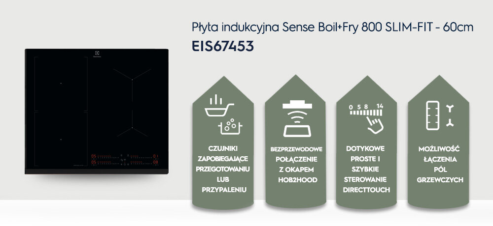 Obraz przedstawia płytę indukcyjną z czterema polami grzewczymi oraz tekst: \'Płyta indukcyjna Sense Boil+Fry 800 SLIM-FIT - 60cm EIS67453\'. Obok znajdują się ikony z opisami funkcji: \'Czujniki zapobiegające przegotowaniu lub przypaleniu\', \'Bezprzewodowe połączenie z okapem Hob2Hood\', \'Dotykowe proste i szybkie sterowanie DirectTouch\', \'Możliwość łączenia pól grzewczych\'.