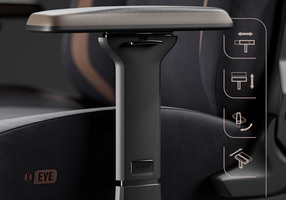 Fotel DIABLO CHAIRS X-Eye 2.0 (L) Czarny odpowiednie wsparcie barków i ramion wykonane z metalu podłokietniki Armtech Quatro Premium SoftTouch regulacja w 4 kierunkach