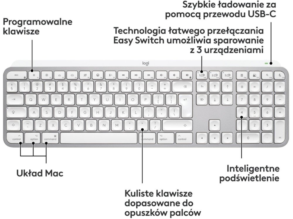 Klawiatura LOGITECH MX Keys S for Mac Jasnoszary przeznaczenie wygląd kolor klawisze
