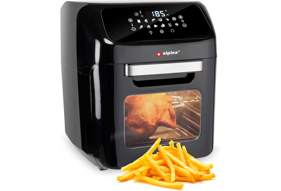 Frytkownica beztłuszczowa ALPINA 871125219568 Air Fryer złocisty kolor chrupiąca konsystencja frytki kurczak przekąski moc kontrola czasu temperatura dania