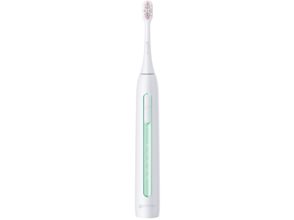 Szczoteczka soniczna ORO-MED Smile Zielony szczoteczka w kolorze biało zielonym panel sterowania tryby przycisk końcówka włosie białe tło wysoka wydajność prostota obsługi trzy poziomy intensywności pięć trybów pracy pełna personalizacja głębokie czyszczenie delikatna pielęgnacja wrażliwych dziąseł tryb wybielający i polerowania gładkie lśniące zęby tryb masujący zdrowie dziąseł