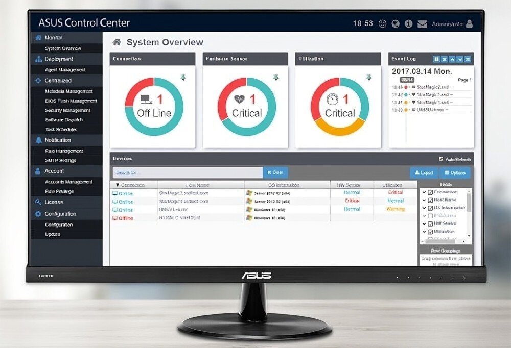 Komputer ASUS ExpertCenter D700ME-513500091X Monitor ASUS z uruchomionym panelem 'ASUS Control Center'. Na ekranie widoczne wykresy diagnostyczne i lista urządzeń, aplikacje, kontrola, zarządzanie