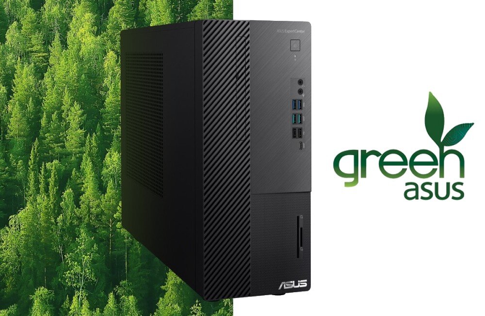 Komputer ASUS ExpertCenter D700ME-513500091X Komputer na tle grafiki lasu z napisem 'green asus', zasilacz, certyfikat, zużycie energii