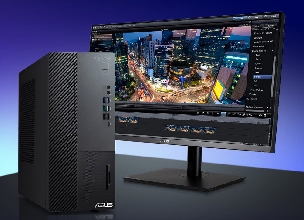 Komputer ASUS ExpertCenter D700ME-513500091X Komputer ASUS z monitorem wyświetlającym program do obróbki wideo. Na ekranie widok miejskiego krajobrazu nocą, moduł TPM, zabezpieczenia, gniazdo Kensington