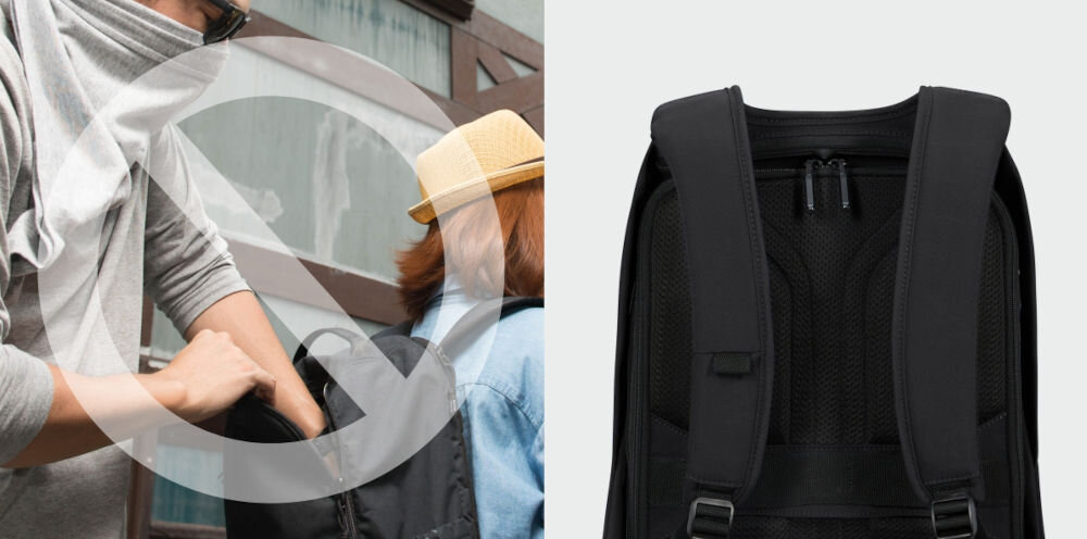 Plecak na laptopa SAMSONITE Securipak 2.0 15.6 cali ochrona przed kradzieżą, główna komora otwierana wyłącznie od tyłu,
znak zakazu, osoba wkładająca rękę do plecaka, który kobieta ma na plecach, tył plecaka na szarym tle