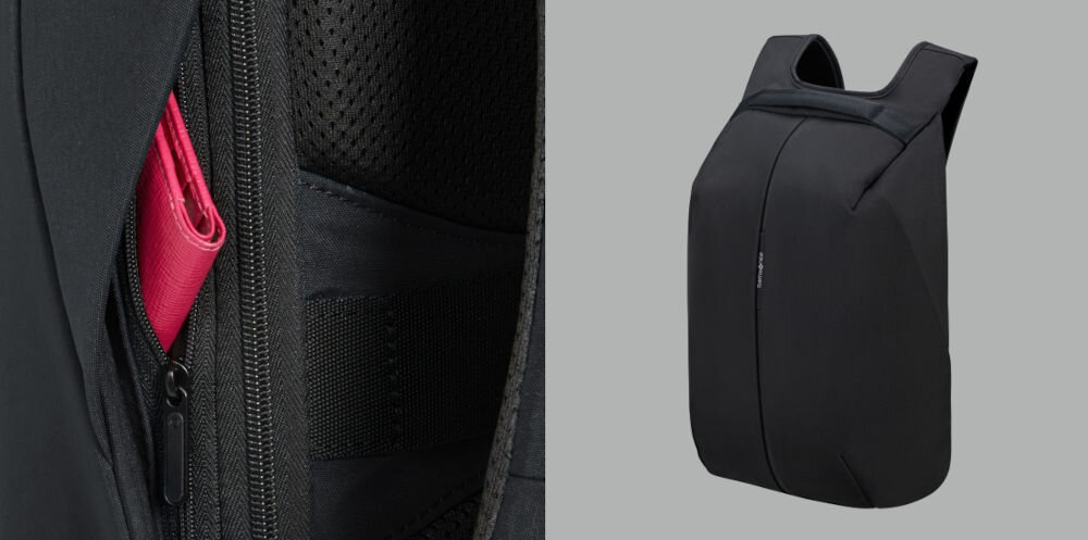 Plecak na laptopa SAMSONITE Securipak 2.0 15.6 cali chroń swoje dane, dwie dyskretnie ukryte kieszenie boczne, kieszeń z ochroną RFID,
zbliżenie na kieszeń z ochroną RFID, plecak pod lekkim skosem na szarym tle