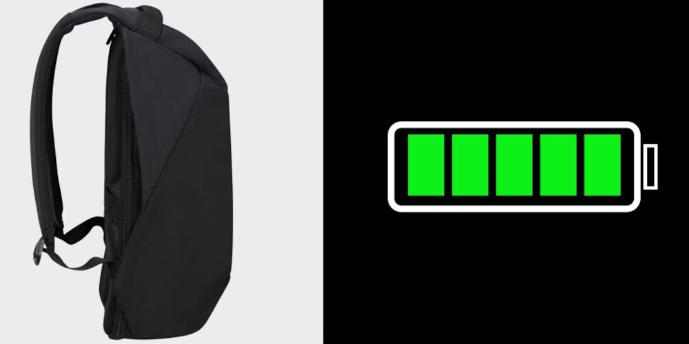 Plecak na laptopa SAMSONITE Securipak 2.0 15.6 cali ładowanie w podróży, zintegrowany port USB-A umieszczony pod uchwytem górnym, wewnętrzna kieszeń na powerbank
plecak bokiem na szarym tle, obrazek symbolizujący naładowaną baterię na czarnym tle