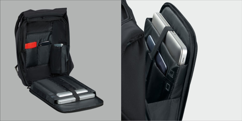 Plecak na laptopa SAMSONITE Securipak 2.0 15.6 cali wygodna organizacja wnętrza, przemyślane wnętrze, liczne kieszenie i przegrody, specjalnie zaprojektowane kieszenie na
laptopa do 15,6, tablet do 10,5, dokumenty, telefon oraz powerbank,
otwarty plecak na szarym tle, wewnątrz plecaka laptop, tablet, telefon, powerbank, notes