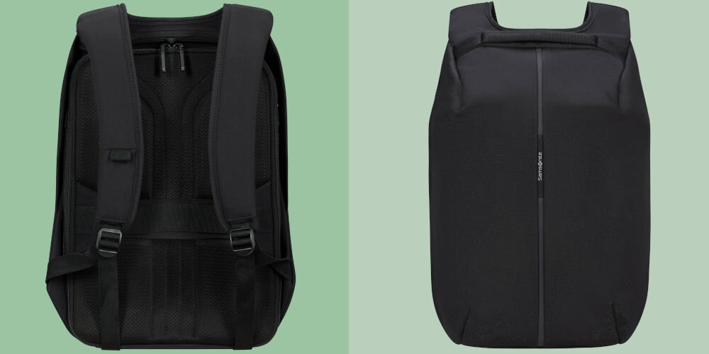 Plecak na laptopa SAMSONITE Securipak 2.0 15.6 cali lekki i pojemny, niska waga ok. 0,8 kg, lekki i wygodny do codziennego noszenia, kompaktowe wymiary ok. 30 x 18 x 44,5 cm,
16 litrów pojemności,
tył plecaka na zielonym tle, plecak od frontu na zielonym tle
