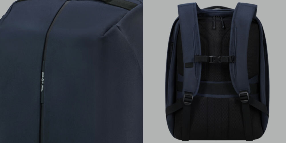 Plecak na laptopa SAMSONITE Securipak 2.0 17.3 cali
komfortowy i wygodny, ergonomiczna konstrukcja, regulowane, wyściełane szelki, pas piersiowy, miękki panel tylny,
zbliżenie na logo producenta na froncie plecaka, plecak tyłem na szarym tle