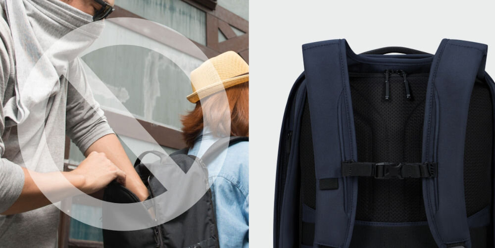 Plecak na laptopa SAMSONITE Securipak 2.0 17.3 cali ochrona przed kradzieżą, główna komora otwierana wyłącznie od tyłu,
znak zakazu, osoba wkładająca rękę do plecaka, który kobieta ma na plecach, tył plecaka, zbliżenie na zamek z tyłu