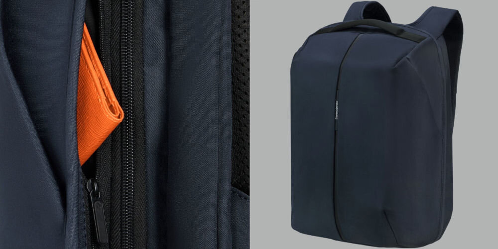 Plecak na laptopa SAMSONITE Securipak 2.0 17.3 cali chroń swoje dane, dwie dyskretnie ukryte kieszenie boczne, kieszeń z ochroną RFID,
zbliżenie na kieszeń z ochroną RFID, plecak pod lekkim skosem na szarym tle