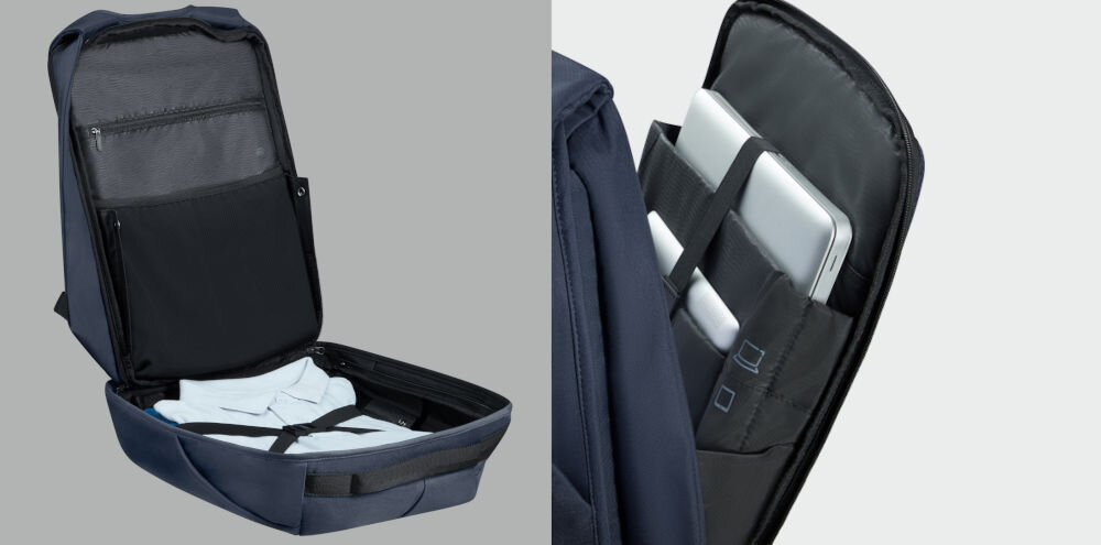 Plecak na laptopa SAMSONITE Securipak 2.0 17.3 cali wygodna organizacja wnętrza, przemyślane wnętrze, liczne kieszenie i przegrody, specjalnie zaprojektowane kieszenie na
laptopa do 17,3, tablet do 10,5, dokumenty, telefon oraz powerbank,
otwarty plecak, wewnątrz plecaka koszula, laptop, tablet