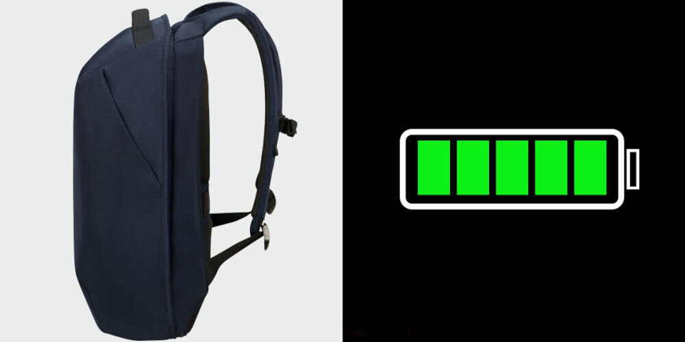 Plecak na laptopa SAMSONITE Securipak 2.0 17.3 cali ładowanie w podróży, zintegrowany port USB-A umieszczony pod uchwytem górnym, wewnętrzna kieszeń na powerbank
plecak bokiem na szarym tle, obrazek symbolizujący naładowaną baterię na czarnym tle