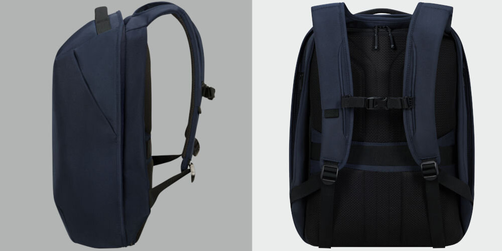 Plecak na laptopa SAMSONITE Securipak 2.0 17.3 cali praktyczne funkcje, uchwyt górny, mocowanie smart sleeve, odblaskowy pasek biegnący przez całą długość plecaka
bok plecaka na szarym tle, tył plecaka