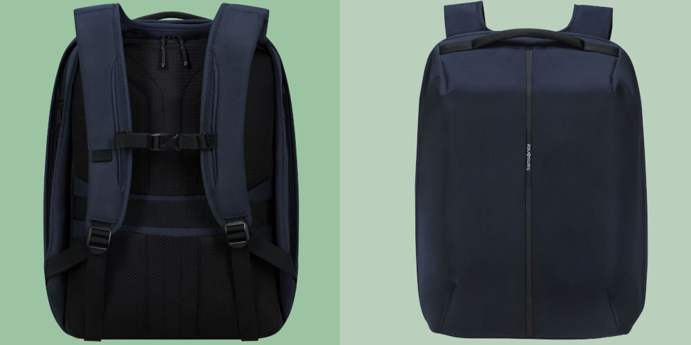 Plecak na laptopa SAMSONITE Securipak 2.0 17.3 cali lekki i pojemny, niska waga ok. 1,1 kg, lekki i wygodny do codziennego noszenia,
kompaktowe wymiary ok. 33 x 20 x 47,5 cm,
24 litrów pojemności,
tył plecaka na zielonym tle, plecak od frontu na zielonym tle