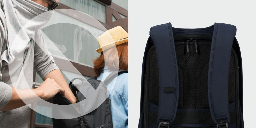 Plecak na laptopa SAMSONITE Securipak 2.0 15.6 cali ochrona przed kradzieżą, główna komora otwierana wyłącznie od tyłu,
znak zakazu, osoba wkładająca rękę do plecaka, który kobieta ma na plecach, tył plecaka na szarym tle