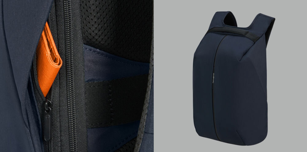 Plecak na laptopa SAMSONITE Securipak 2.0 15.6 cali chroń swoje dane, dwie dyskretnie ukryte kieszenie boczne, kieszeń z ochroną RFID,
zbliżenie na kieszeń z ochroną RFID, plecak pod lekkim skosem na szarym tle