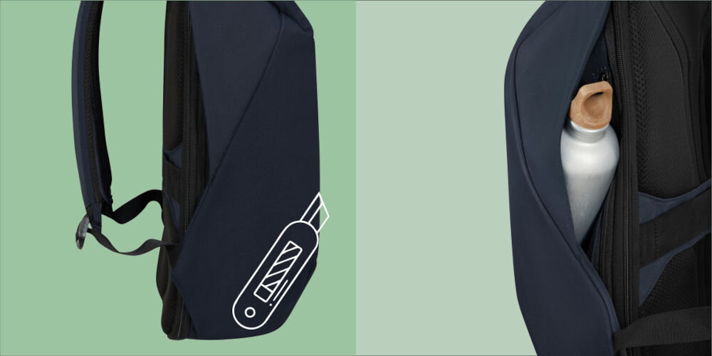 Plecak na laptopa SAMSONITE Securipak 2.0 15.6 cali ekologiczny i trwały, wykonany w 100% z poliestru z recyklingu, odporność na przecięcia,
produkt bokiem na zielonym tle, ikona nożyka, produkt bokiem, kieszeń na butelkę