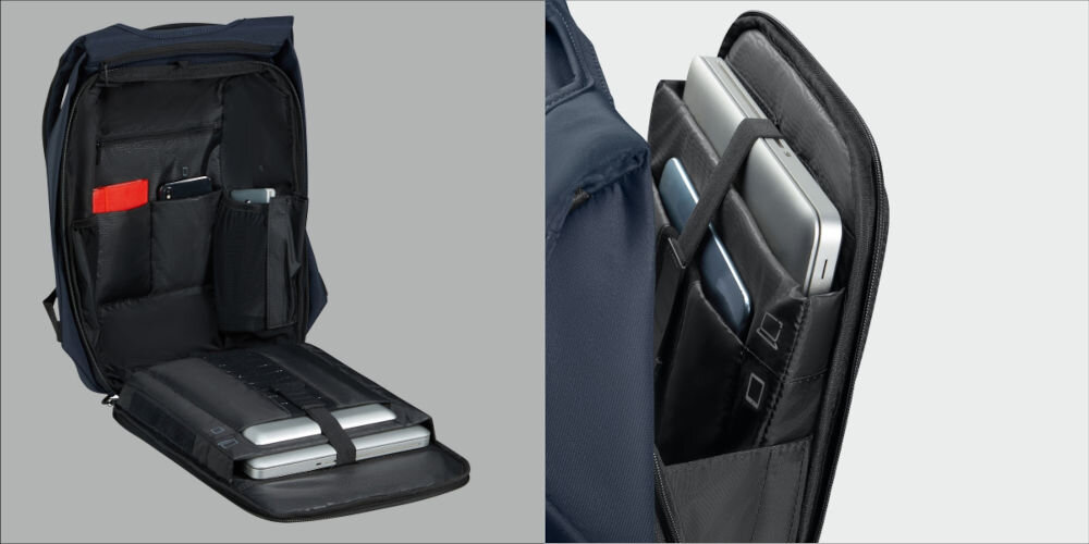 Plecak na laptopa SAMSONITE Securipak 2.0 15.6 cali wygodna organizacja wnętrza, przemyślane wnętrze, liczne kieszenie i przegrody, specjalnie zaprojektowane kieszenie na
laptopa do 15,6, tablet do 10,5, dokumenty, telefon oraz powerbank,
otwarty plecak, wewnątrz plecaka laptop, tablet, telefon, powerbank, notes