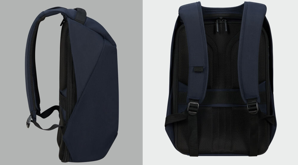 Plecak na laptopa SAMSONITE Securipak 2.0 15.6 cali praktyczne funkcje, uchwyt górny, mocowanie smart sleeve, odblaskowy pasek biegnący przez całą długość plecaka
bok plecaka na szarym tle, tył plecaka