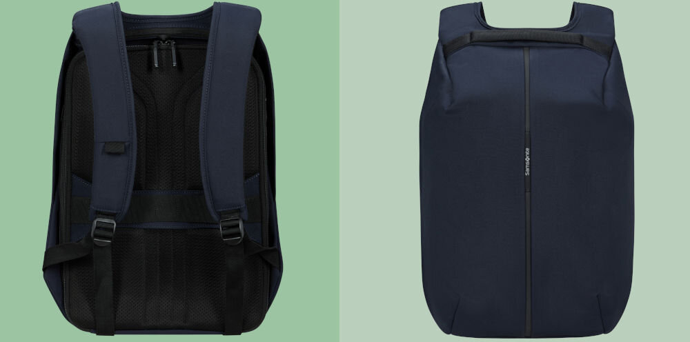 Plecak na laptopa SAMSONITE Securipak 2.0 15.6 cali lekki i pojemny, niska waga ok. 0,8 kg, lekki i wygodny do codziennego noszenia, kompaktowe wymiary ok. 30 x 18 x 44,5 cm,
16 litrów pojemności,
tył plecaka na zielonym tle, plecak od frontu na zielonym tle