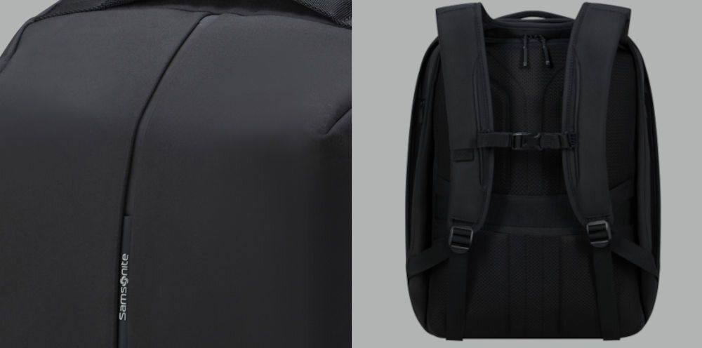 Plecak na laptopa SAMSONITE Securipak 2.0 17.3 cali
komfortowy i wygodny, ergonomiczna konstrukcja, regulowane, wyściełane szelki, pas piersiowy, miękki panel tylny,
zbliżenie na logo producenta na froncie plecaka, plecak tyłem na szarym tle