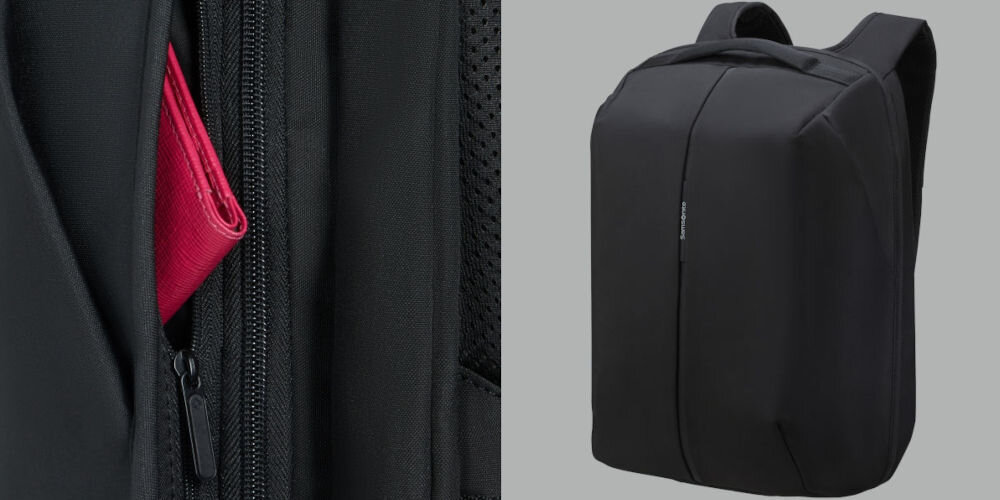 Plecak na laptopa SAMSONITE Securipak 2.0 17.3 cali chroń swoje dane, dwie dyskretnie ukryte kieszenie boczne, kieszeń z ochroną RFID,
zbliżenie na kieszeń z ochroną RFID, plecak pod lekkim skosem na szarym tle
