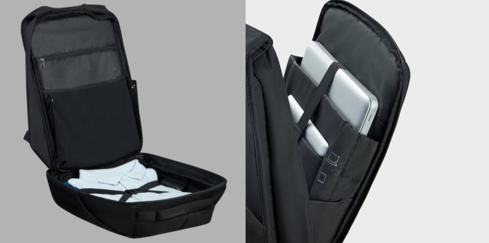 Plecak na laptopa SAMSONITE Securipak 2.0 17.3 cali wygodna organizacja wnętrza, przemyślane wnętrze, liczne kieszenie i przegrody, specjalnie zaprojektowane kieszenie na
laptopa do 17,3, tablet do 10,5, dokumenty, telefon oraz powerbank,
otwarty plecak, wewnątrz plecaka koszula, laptop, tablet