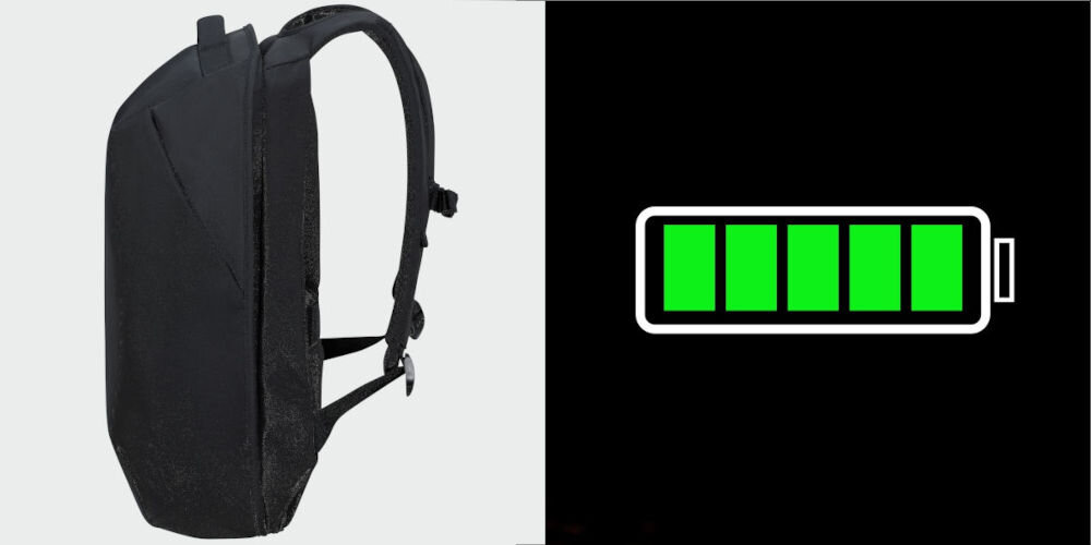 Plecak na laptopa SAMSONITE Securipak 2.0 17.3 cali ładowanie w podróży, zintegrowany port USB-A umieszczony pod uchwytem górnym, wewnętrzna kieszeń na powerbank
plecak bokiem na szarym tle, obrazek symbolizujący naładowaną baterię na czarnym tle