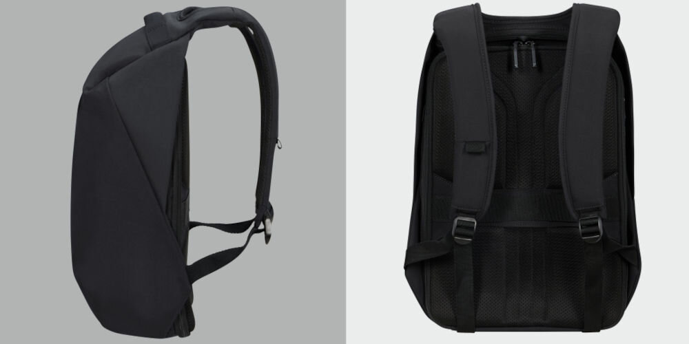 Plecak na laptopa SAMSONITE Securipak 2.0 17.3 cali praktyczne funkcje, uchwyt górny, mocowanie smart sleeve, odblaskowy pasek biegnący przez całą długość plecaka
bok plecaka na szarym tle, tył plecaka