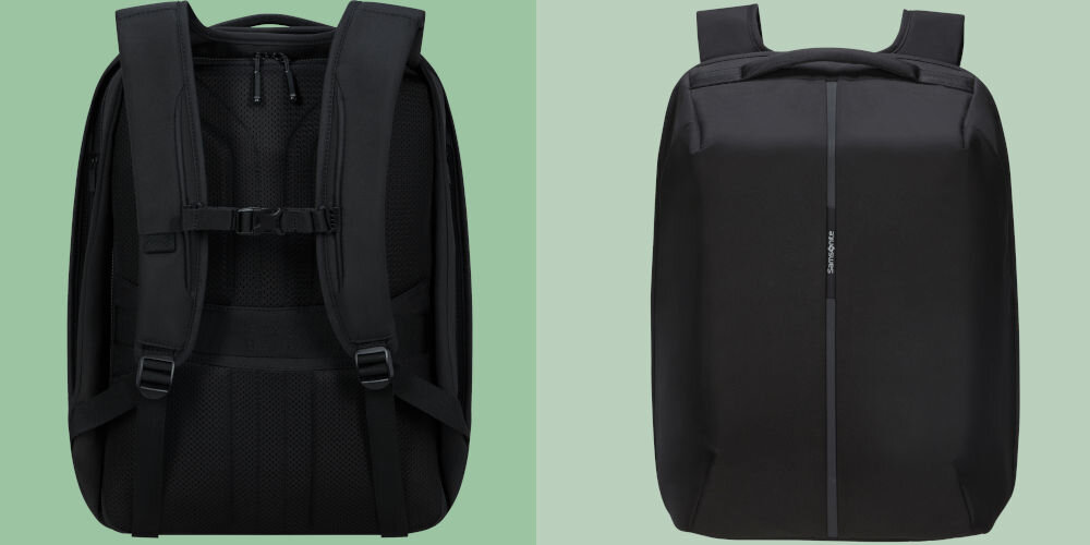 Plecak na laptopa SAMSONITE Securipak 2.0 17.3 cali lekki i pojemny, niska waga ok. 1,1 kg, lekki i wygodny do codziennego noszenia,
kompaktowe wymiary ok. 33 x 20 x 47,5 cm,
24 litrów pojemności,
tył plecaka na zielonym tle, plecak od frontu na zielonym tle