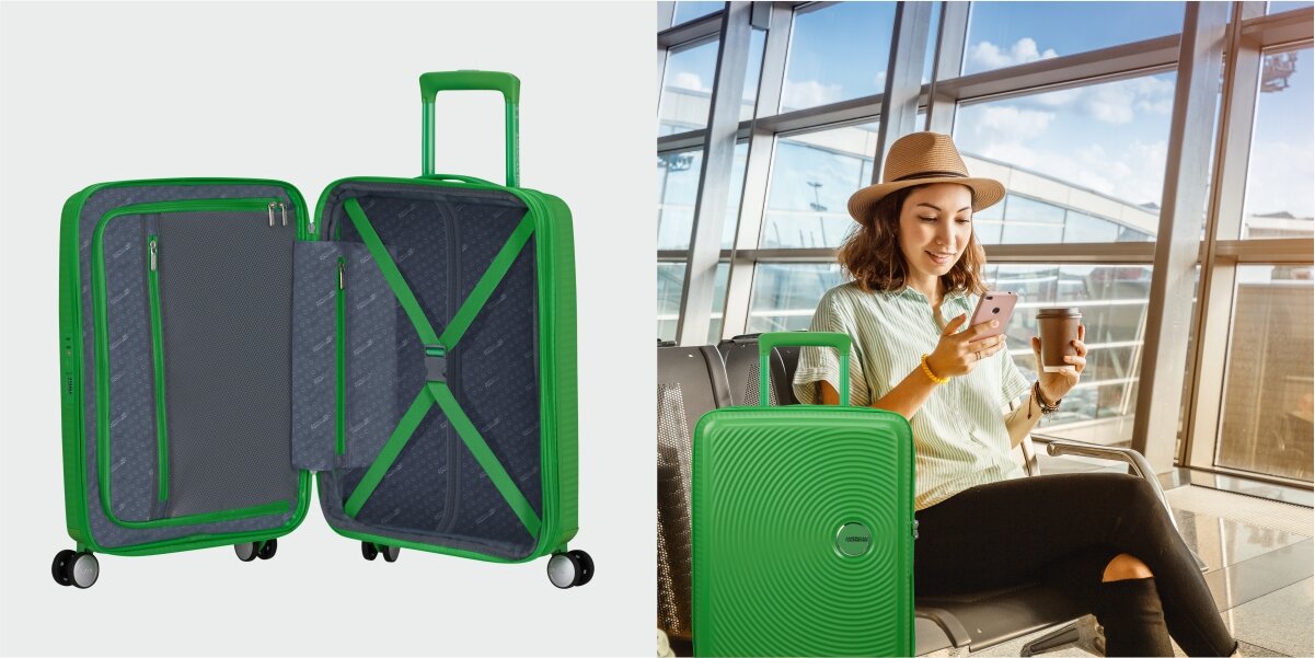 Walizka AMERICAN TOURISTER SoundBox 55 cm otwarta wnętrze środek pasy Organizacja wnętrza Elastyczne poprzeczne pasy zabezpieczającee zielony kolor Wyściełana przegroda dodatkowa kieszeń zamek lepsza Organizacja