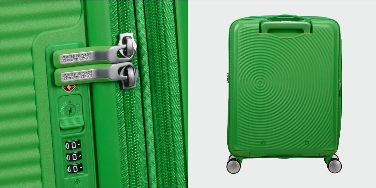 Walizka AMERICAN TOURISTER SoundBox 55 cm zamek bok tył suwak Bezpieczne podróżowanie wbudowany 3 cyfrowy zamek bezpieczeństwo ochrona bagażu bezpieczeństwo wymiary 55 x 40 x 20/23 cm