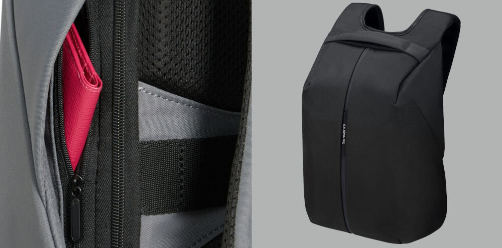 Plecak na laptopa SAMSONITE Securipak 2.0 14.1 cali chroń swoje dane, dwie dyskretnie ukryte kieszenie boczne, kieszeń z ochroną RFID,
zbliżenie na kieszeń z ochroną RFID, plecak pod lekkim skosem na szarym tle