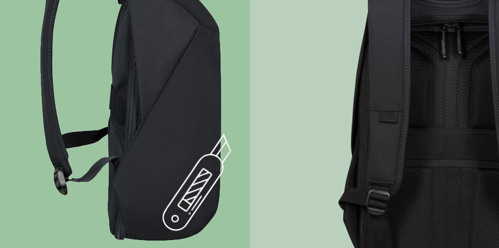 Plecak na laptopa SAMSONITE Securipak 2.0 14.1 cali ekologiczny i trwały, wykonany w 100% z poliestru z recyklingu, odporność na przecięcia,
produkt bokiem na zielonym tle, ikona nożyka, produkt tyłem na zielonym tle