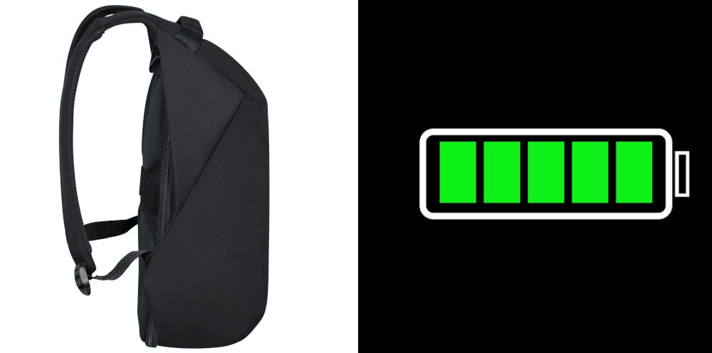 Plecak na laptopa SAMSONITE Securipak 2.0 14.1 cali ładowanie w podróży, zintegrowany port USB-A umieszczony pod uchwytem górnym, wewnętrzna kieszeń na powerbank
plecak bokiem na szarym tle, obrazek symbolizujący naładowaną baterię na czarnym tle