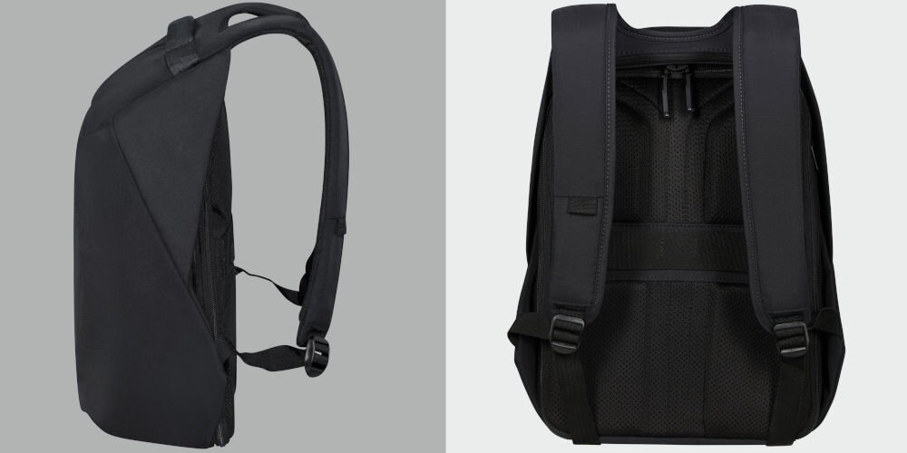 Plecak na laptopa SAMSONITE Securipak 2.0 14.1 cali praktyczne funkcje, uchwyt górny, mocowanie smart sleeve, odblaskowy pasek biegnący przez całą długość plecaka
bok plecaka na szarym tle, tył plecaka