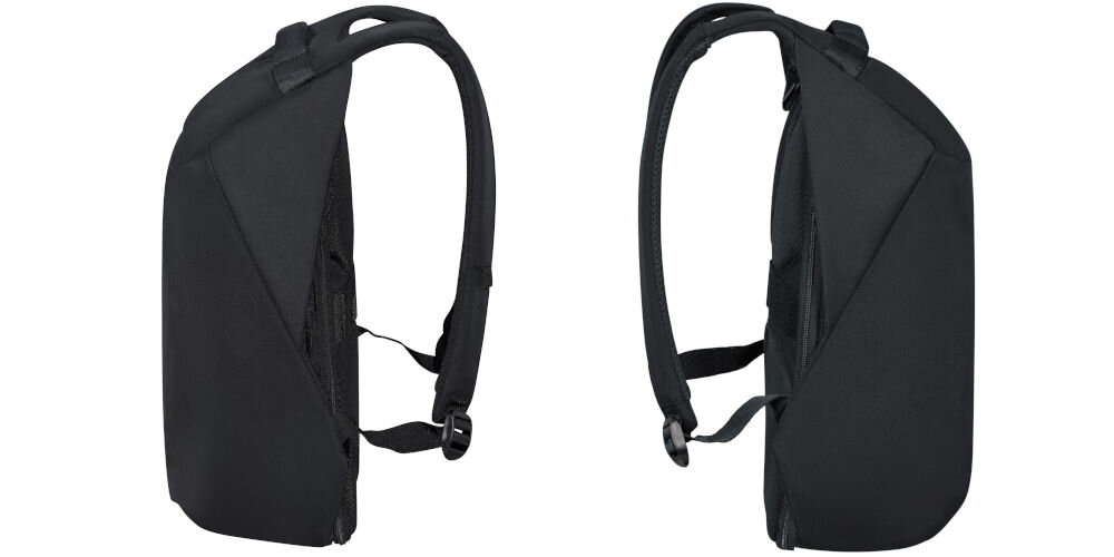 Plecak na laptopa SAMSONITE Securipak 2.0 14.1 cali wodoodporny materiał, wykonanie z wodoodpornej tkaniny, praktyczne rozwiązanie,
dwa plecaki bokiem na białym tle