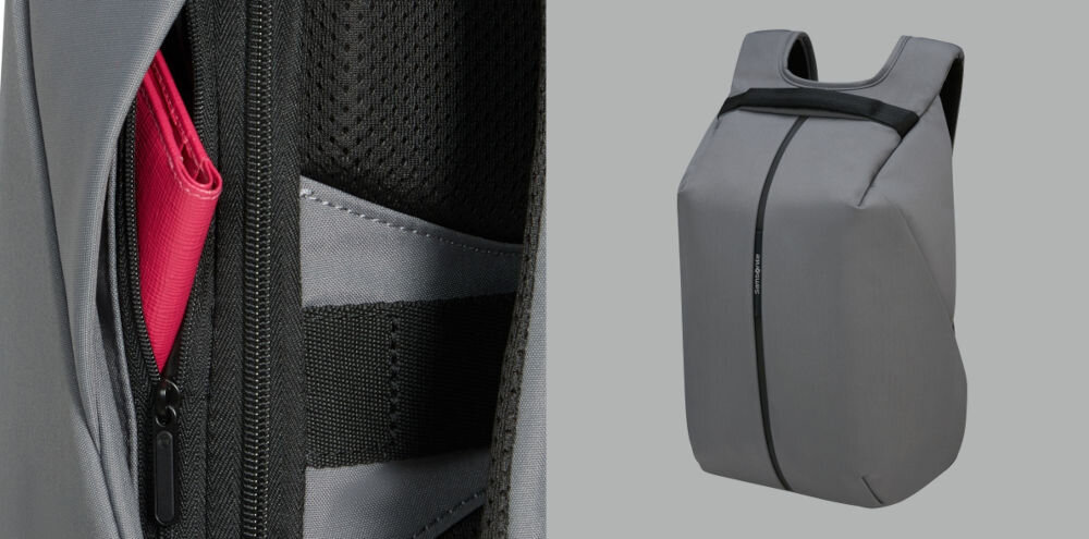 Plecak na laptopa SAMSONITE Securipak 2.0 14.1 cali chroń swoje dane, dwie dyskretnie ukryte kieszenie boczne, kieszeń z ochroną RFID,
zbliżenie na kieszeń z ochroną RFID, plecak pod lekkim skosem na szarym tle