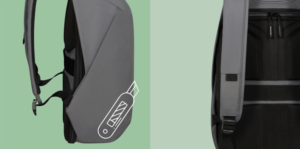 Plecak na laptopa SAMSONITE Securipak 2.0 14.1 cali ekologiczny i trwały, wykonany w 100% z poliestru z recyklingu, odporność na przecięcia,
produkt bokiem na zielonym tle, ikona nożyka, produkt tyłem na zielonym tle