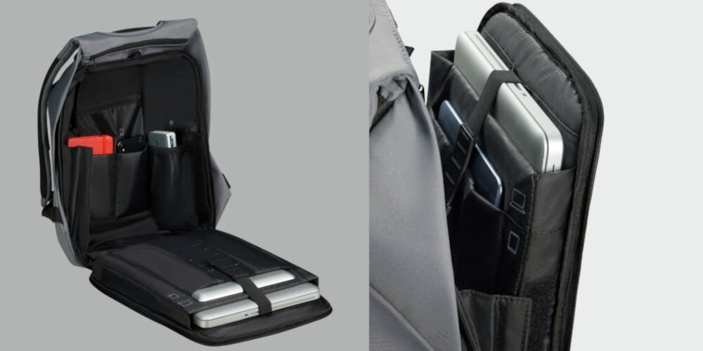 Plecak na laptopa SAMSONITE Securipak 2.0 14.1 cali wygodna organizacja wnętrza, przemyślane wnętrze, liczne kieszenie i przegrody, specjalnie zaprojektowane kieszenie na
laptopa do 14,1, tablet do 10,5, dokumenty, telefon oraz powerbank,
otwarty plecak na szarym tle, wewnątrz plecaka laptop, tablet, telefon, powerbank, notes