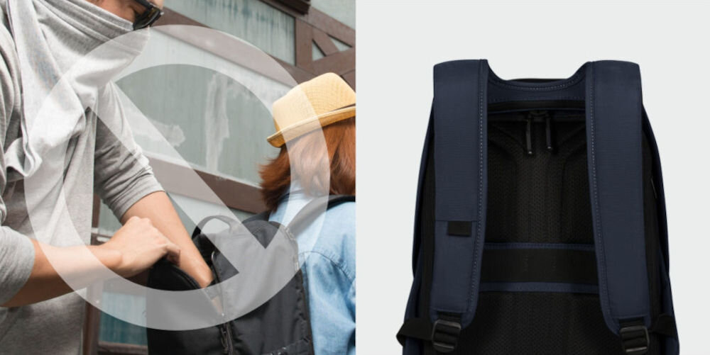 Plecak na laptopa SAMSONITE Securipak 2.0 14.1 cali ochrona przed kradzieżą, główna komora otwierana wyłącznie od tyłu,
znak zakazu, osoba wkładająca rękę do plecaka, który kobieta ma na plecach, tył plecaka na szarym tle