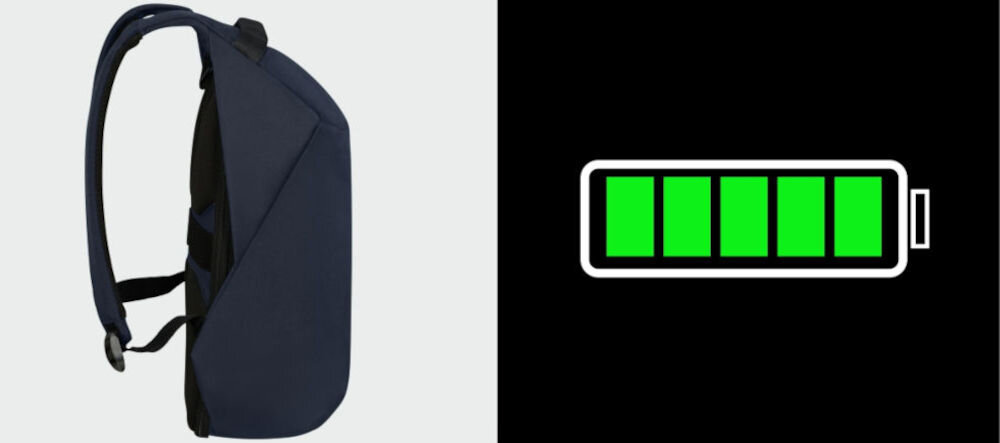 Plecak na laptopa SAMSONITE Securipak 2.0 14.1 cali ładowanie w podróży, zintegrowany port USB-A umieszczony pod uchwytem górnym, wewnętrzna kieszeń na powerbank
plecak bokiem na szarym tle, obrazek symbolizujący naładowaną baterię na czarnym tle