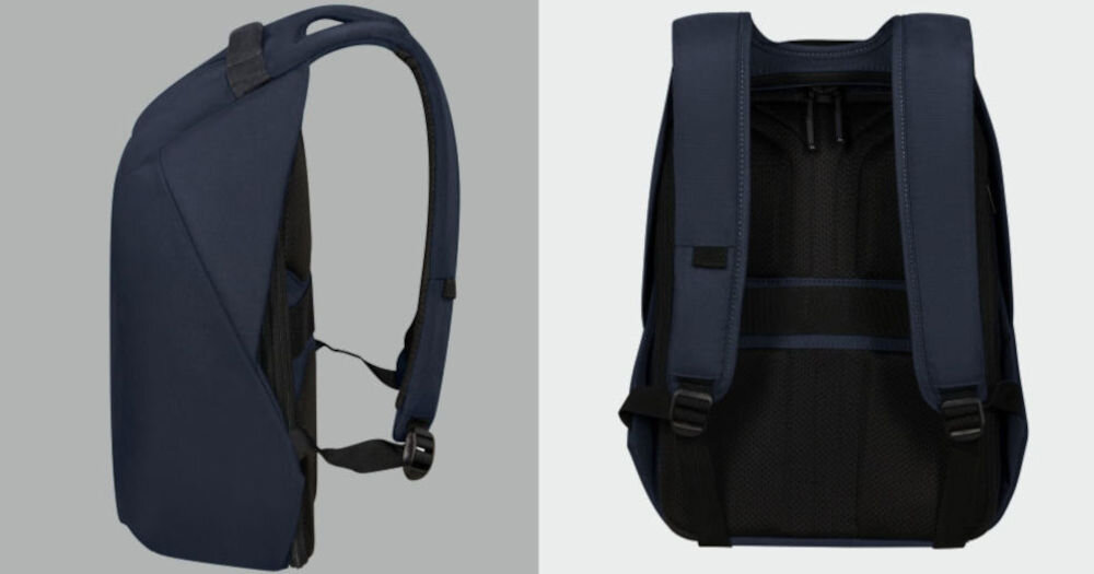 Plecak na laptopa SAMSONITE Securipak 2.0 14.1 cali praktyczne funkcje, uchwyt górny, mocowanie smart sleeve, odblaskowy pasek biegnący przez całą długość plecaka
bok plecaka na szarym tle, tył plecaka